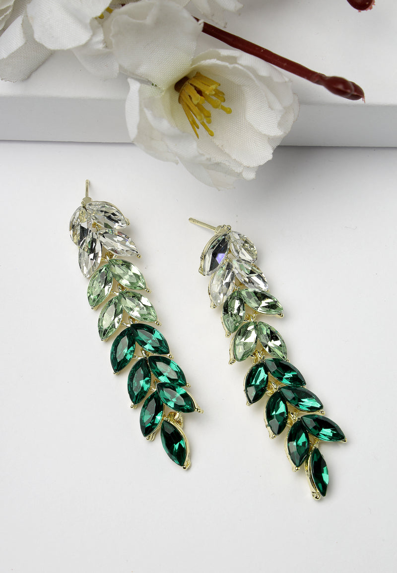 Long Drop Earrings With Sparkling Green Leaves