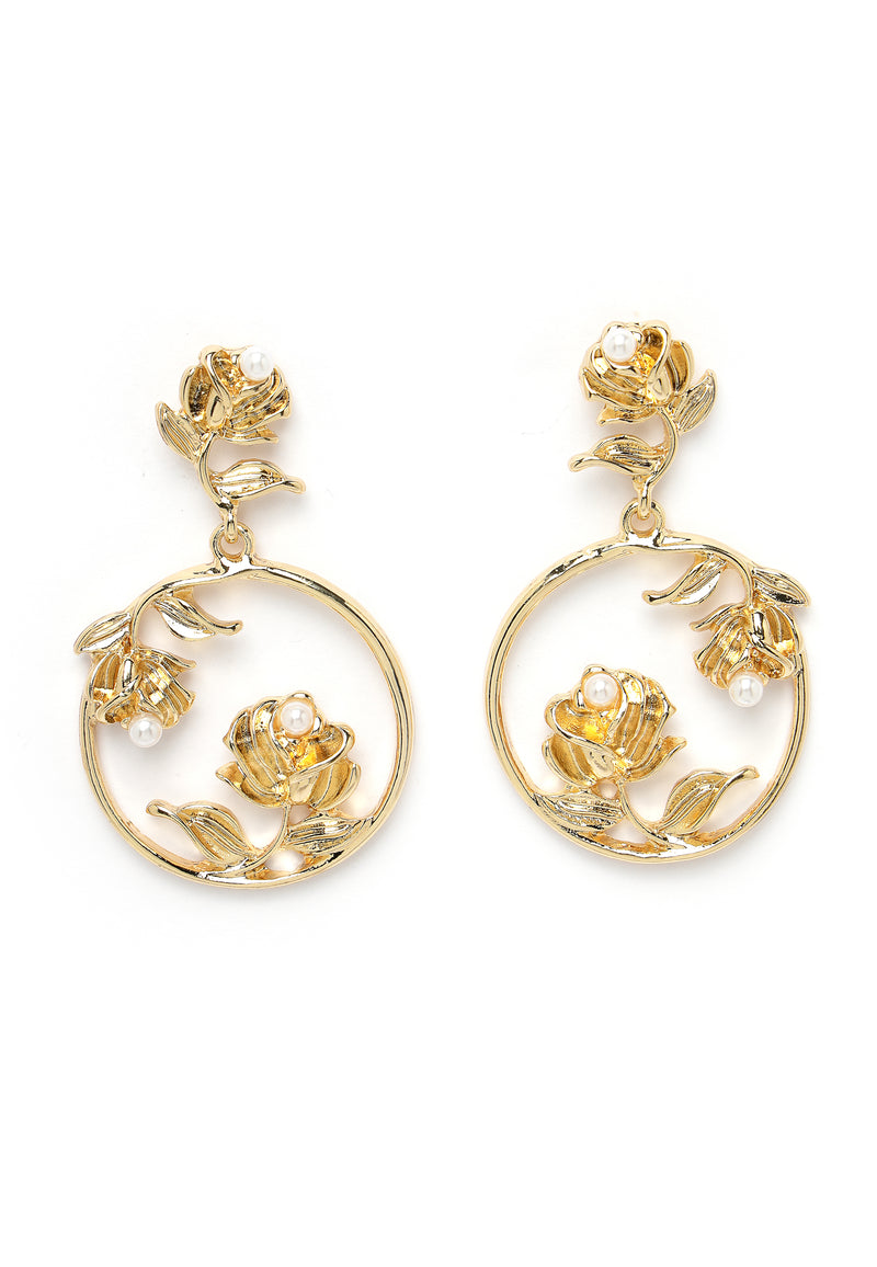 Gold-Coloured Hoop Earrings With Delicate Rose Detail