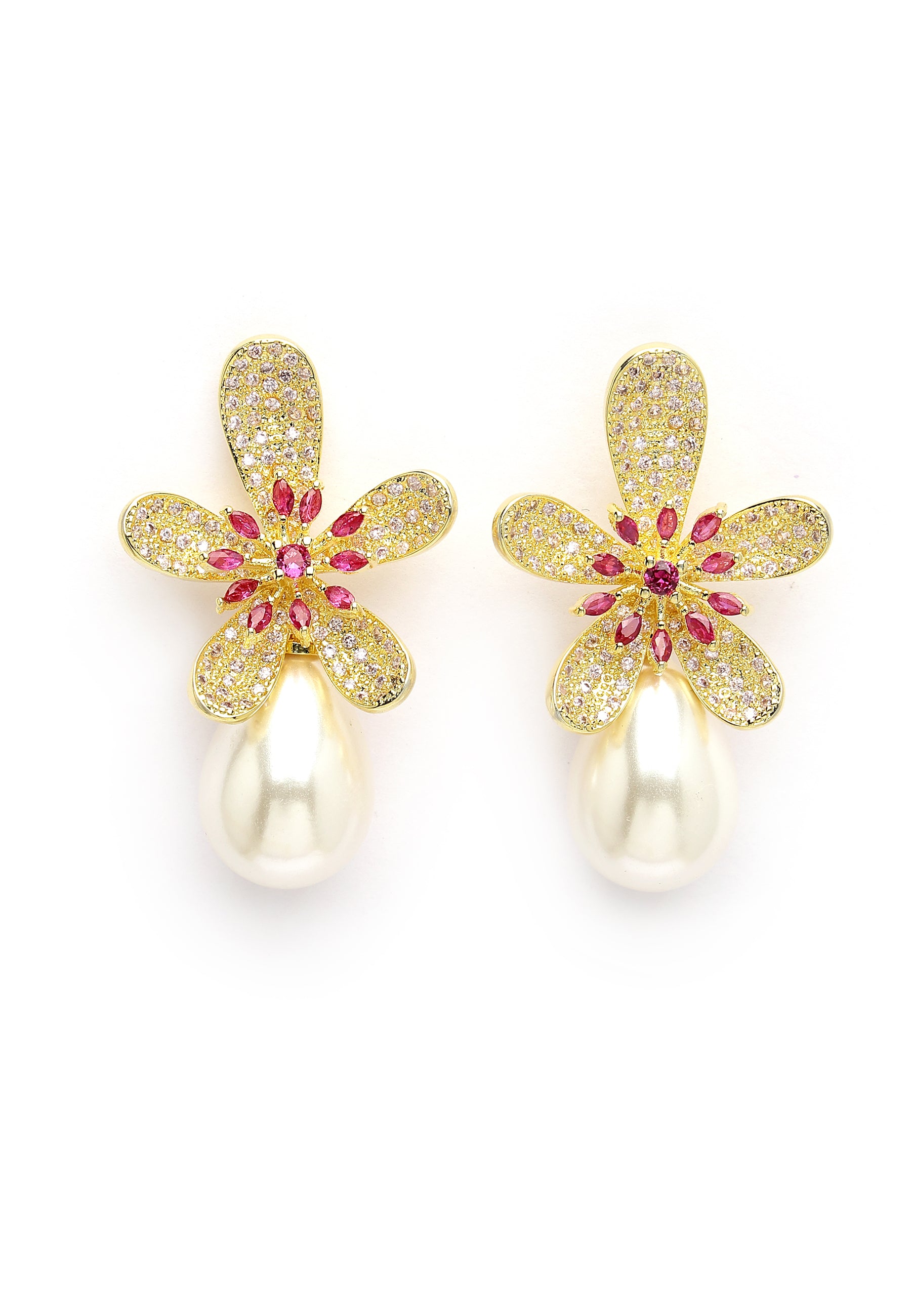 Sparkling Floral Stud Earrings With Pearl Drop