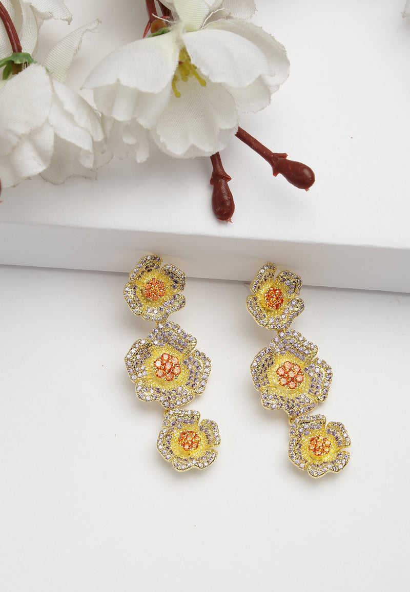 Cubic Zirconia Triple Flower Dangle Earrings