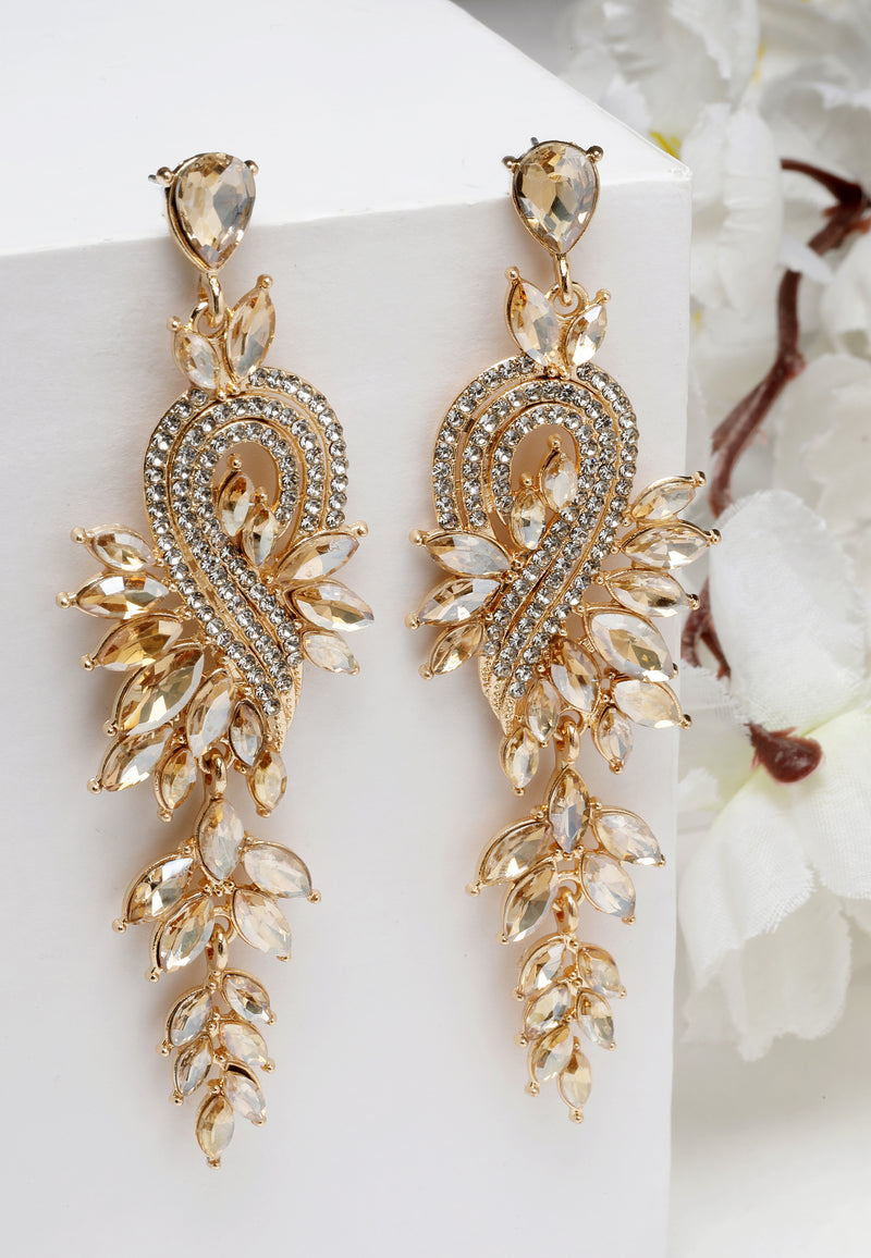 Piękne kolczyki w kształcie liści szampańskich z kryształami