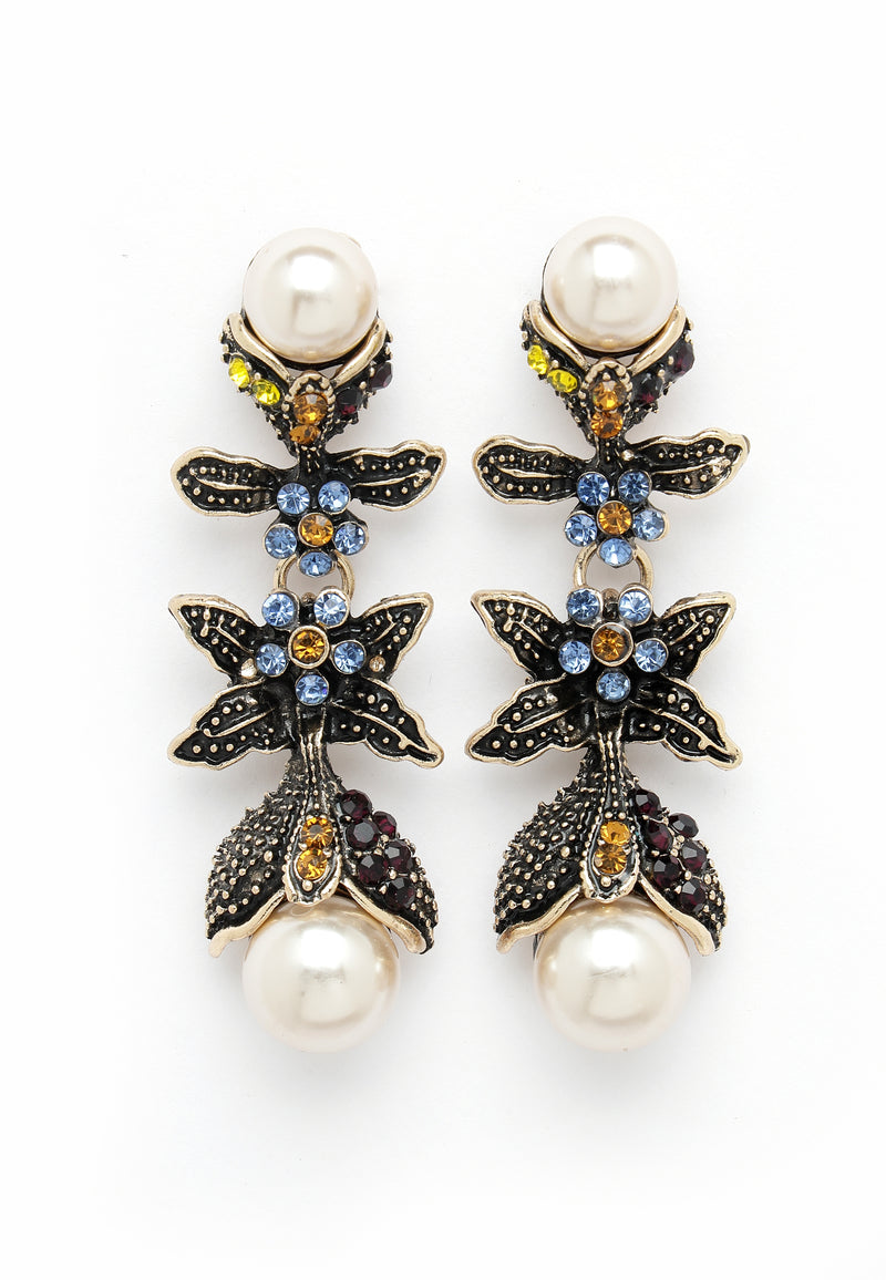 Vintage-inspirierte schwarze Perlen-Blumen-Tropfenohrringe