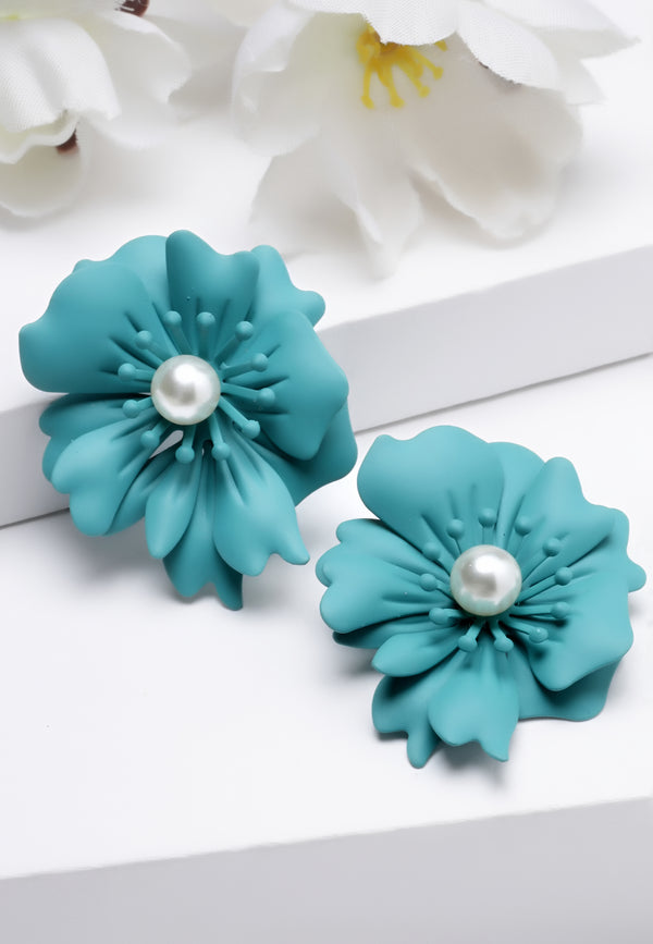 Floral Pearl Stud Earrings In Dark Green