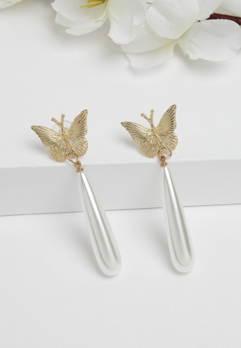 Pendientes de cristal de perlas de mariposa blanca